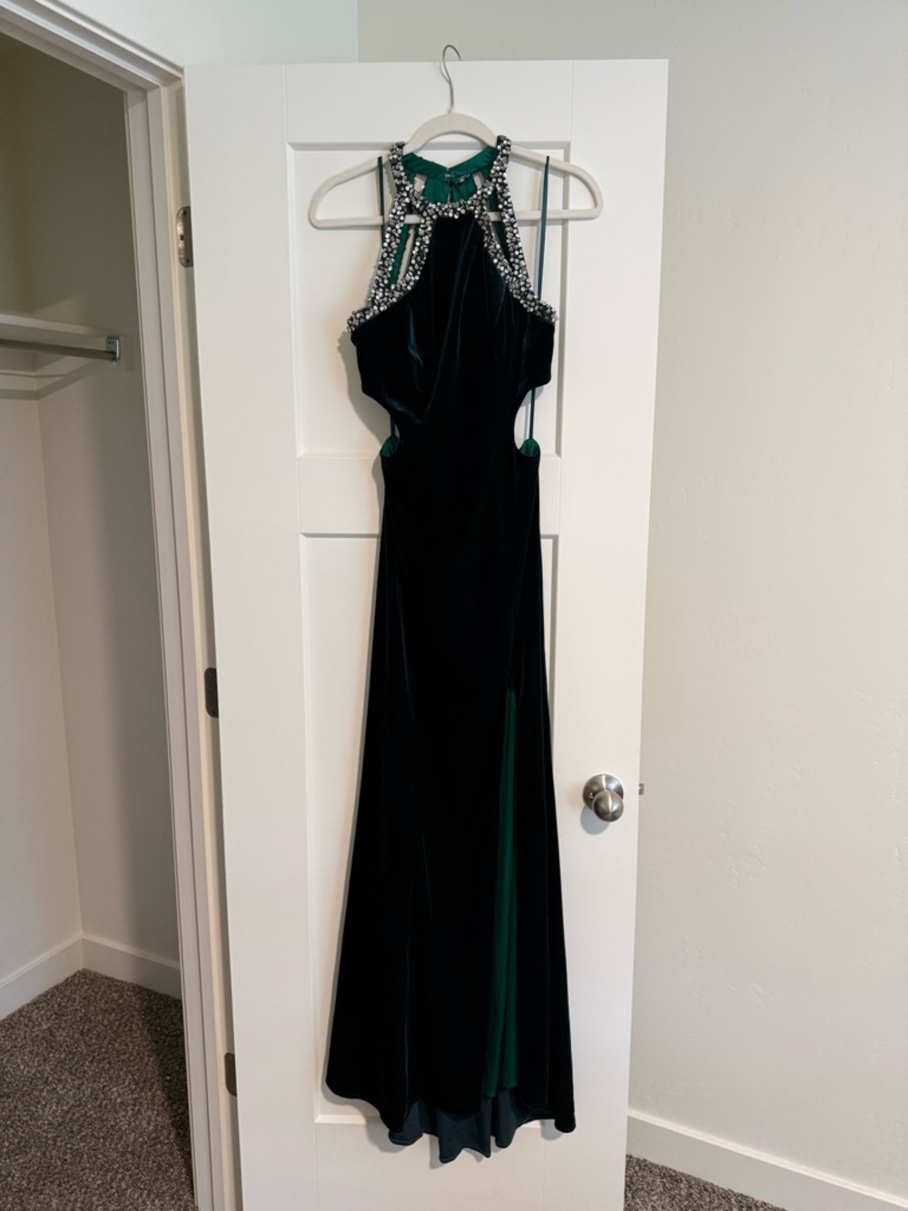 Betsy & Adam Dark Green Velvet Halter Gown with Beaded Neckline